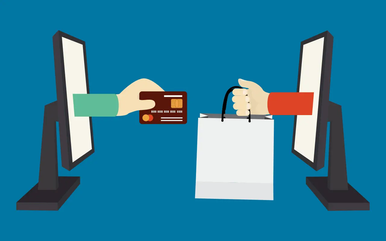 imagen ilustrativa de dos ordenadores y dos manos con una tarjeta y bolsa de compras